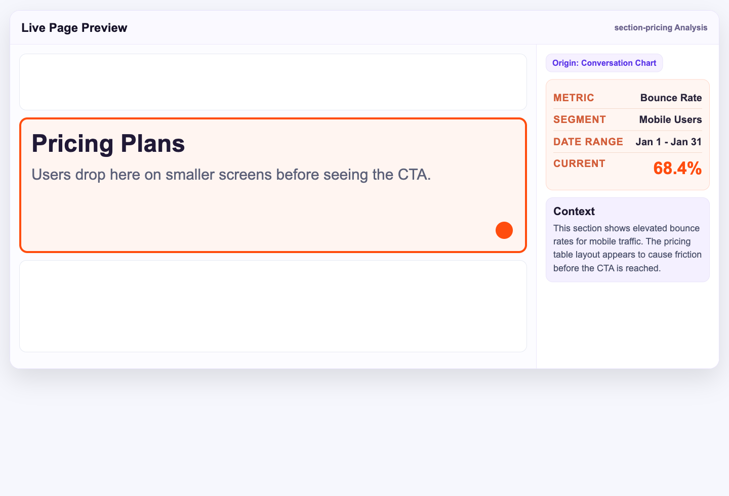 Real screenshot of GA Agent live page preview and highlighted recommendation
